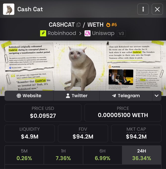 The image shows a cryptocurrency tracker page for "CashCat" (CASHCAT/WETH #6), displaying a price of $0.09527 USD, a market cap of $94.2M (nearly reaching the $100M milestone referenced in the post), and a 36.34% gain over 24 hours. The visual highlights the meme coin's rapid ascent toward the $100M market cap the poster is celebrating.