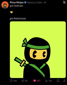 A tweet from Pizza Ninjas (@pizza_ninjas) features a pixel art image of a green-clad ninja holding a sword, responding to "gm Robinhood" with a green heart emoji.