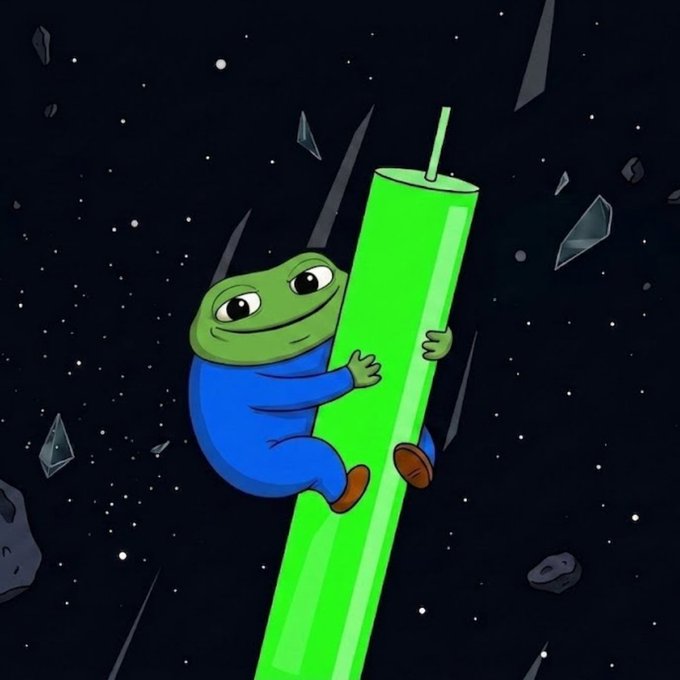 A cartoon illustration of Pepe the Frog in a blue outfit clinging to a green candle (resembling a rocket) while floating through a starry outer space scene filled with asteroids.