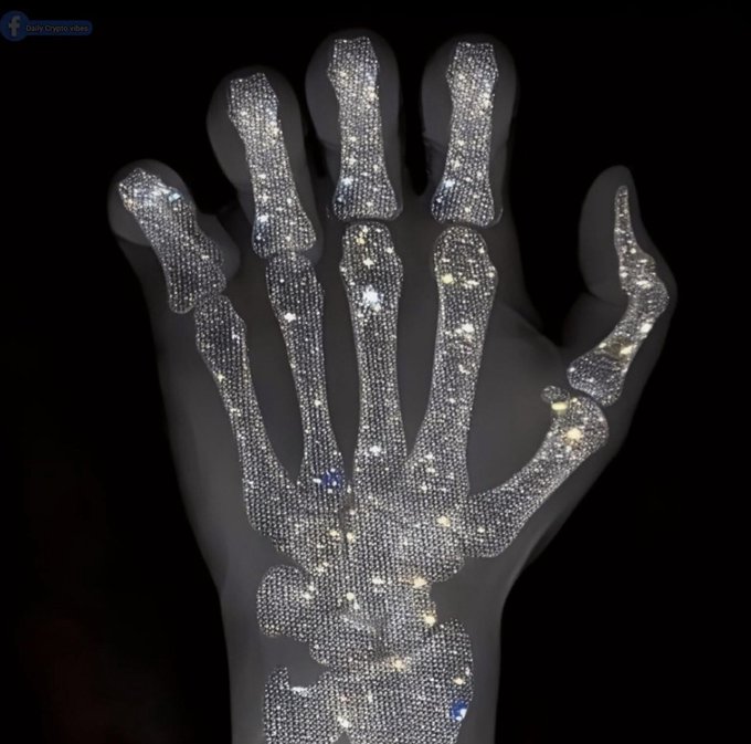 A jeweled skeleton hand glove covered in sparkling diamonds/crystals against a black background, with 'Daily CrypCubez' text in the corner.