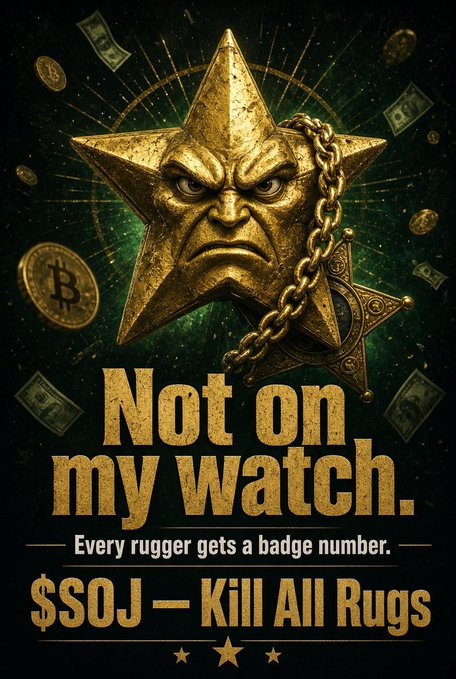 Dark poster featuring a golden sheriff star badge with an angry face and a chain, surrounded by falling money and coins, with the text 'Not on my watch. Every rugger gets a badge number. $SOJ - Kill All Rugs'.