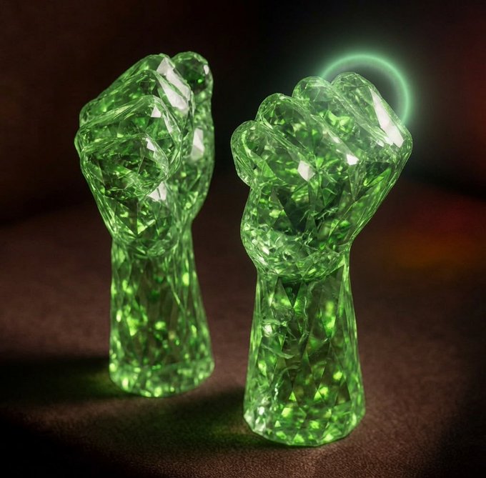 Two ornate green crystal figurines shaped like clenched fists displayed on a dark surface with a glowing green ring in the background.