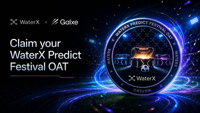 A dark promotional banner reads 'Claim your WaterX Predict Festival OAT' with logos for WaterX and Galxe, featuring a glowing soccer ball and stadium-themed design.