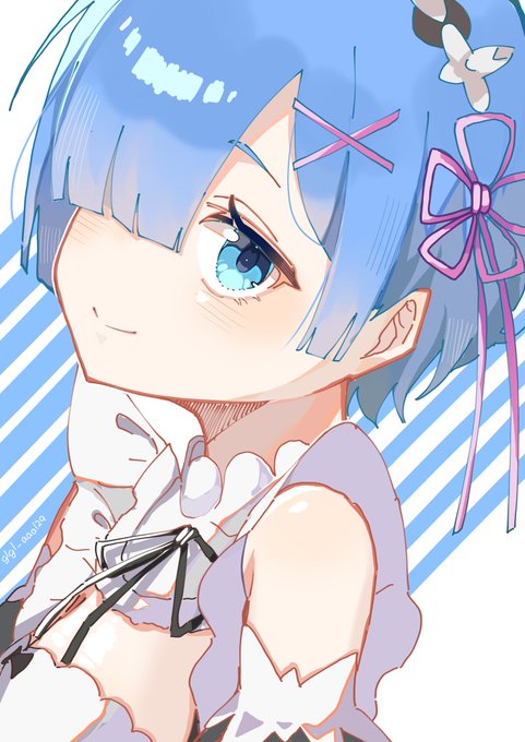 An anime-style illustration of Rem, the blue-haired maid character from Re:Zero, featuring her signature pink hair bow, X-shaped hairclip, and maid outfit with a scalloped white collar against a blue and white striped background.
