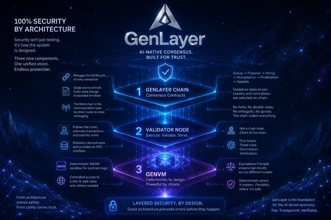 An infographic for 'GenLayer' highlighting '100% SECURITY BY ARCHITECTURE', detailing a three-layer system including GenLayer Chain, Validator Node, and GenVM.