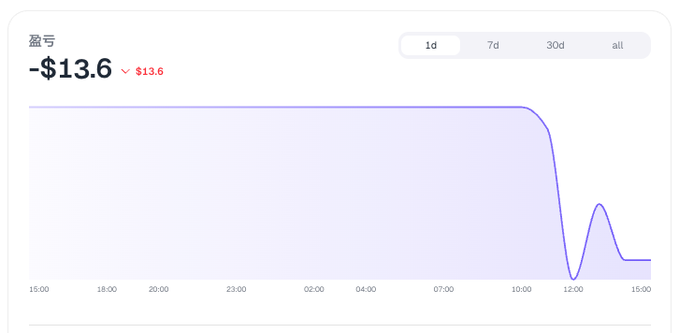 A line chart showing a profit/loss value of '-$13.6' with a small recovery peak around 12:00.