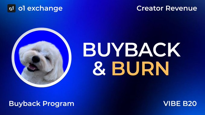 A promotional graphic for o1 exchange featuring a white dog in a circular frame, advertising a "BUYBACK & BURN" program under the "Creator Revenue" section with "VIBE B20" displayed at the bottom right.