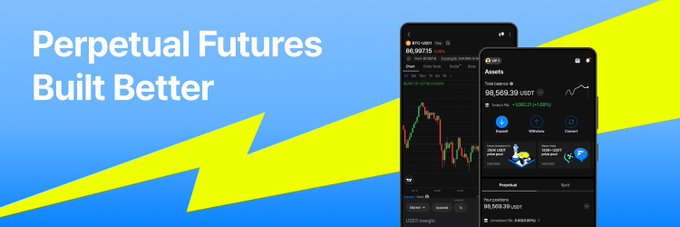 A digital advertisement banner reading "Perpetual Futures Built Better" on a blue and green background, featuring two smartphones displaying the Kraken app interface with trading charts and asset information.