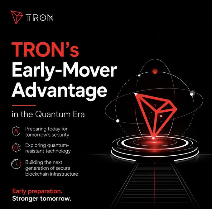 A promotional graphic for TRON titled 'TRON's Early-Mover Advantage in the Quantum Era,' highlighting 'Preparing today for tomorrow's security, Exploring quantum-resistant technology, Building the next generation of secure blockchain infrastructure' with the tagline 'Early preparation. Stronger tomorrow.'