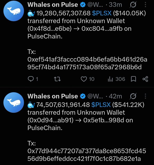 Two tweets from the 'Whales on Pulse' account showing large PLSX token transfers on PulseChain, including one of 19,280,567,307.68 $PLSX ($140.05K).