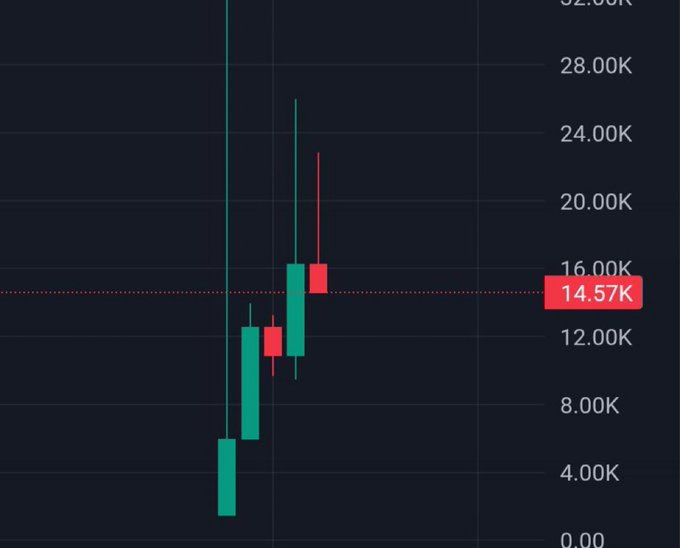 A candlestick chart shows a stock's price surging from roughly 2K to a current value of 14.57K, with green bullish candles followed by a red candle near the peak. The dramatic vertical price spike visually supports the poster's boast about outperforming several of their other options calls ($SI, $CATE, $JEANPHIL, $PAID), implying this unnamed ticker delivered exceptional returns.