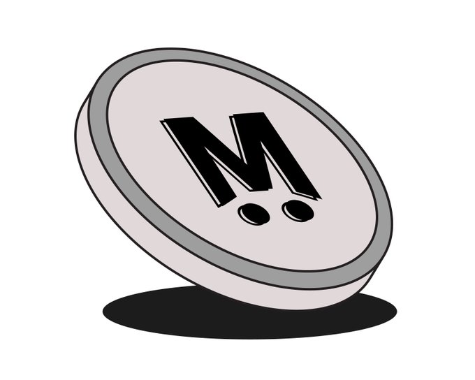 A cartoon illustration of a tilted circular token or button displaying a stylized black 'M' logo with two dots, casting a shadow on a white background.