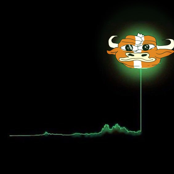 An illustration of a green heartbeat-style line that spikes dramatically upward, topped with a cartoonish bull/ox face wearing a crown with white horns.