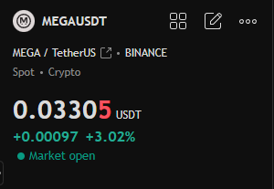 The image shows a Binance trading chart for MEGA/USDT with a current price of 0.03305 USDT, up 0.00097 (+3.02%) with the market open. This aligns with the post's sarcasm about the so-called "bull market" — only a modest 3% gain is being celebrated as a major turnaround, even though it reflects the cryptocurrency's typical daily decline of around 10%.