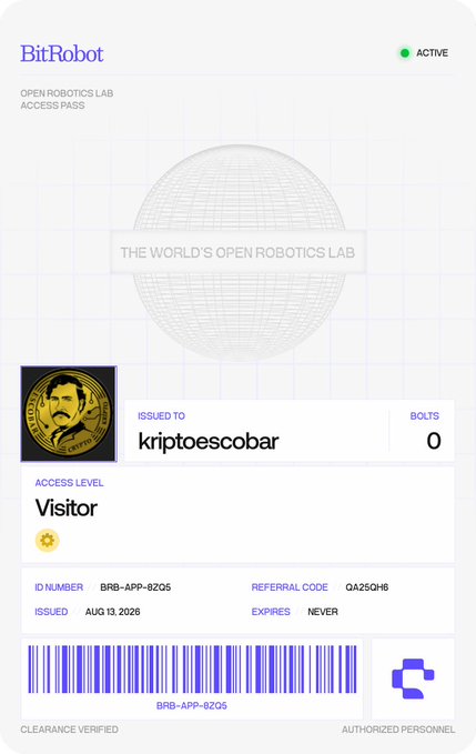 A digital access pass for 'BitRobot' issued to 'kriptoescobar' with Visitor access level, ID number 'BRB-APP-8205', referral code 'QA25OH6', issued on AUG 13, 2026, and showing a barcode and 'AUTHORIZED PERSONNEL' status.