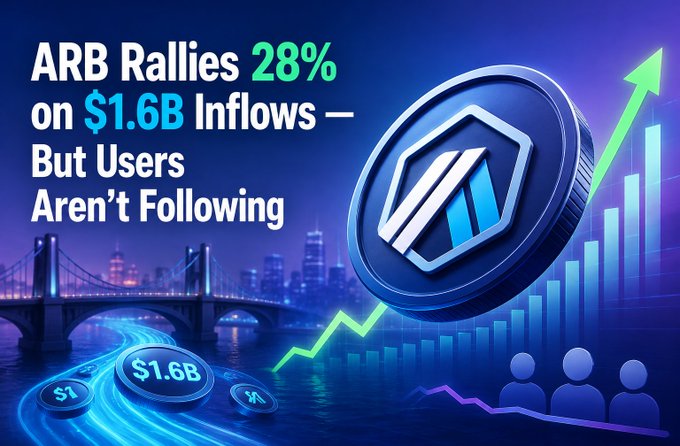A promotional image stating 'ARB Rallies 28% on $1.6B Inflows — But Users Aren't Following,' featuring an Arbitrum logo, rising chart, and stylized user silhouettes.