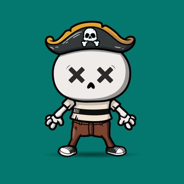 A cartoon illustration of a skull-headed pirate character with X eyes, wearing a pirate hat with skull and crossbones, striped shirt, and brown pants on a teal background.