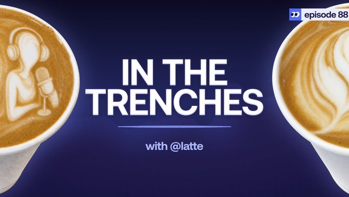 A podcast cover image titled 'IN THE TRENCHES with @latte' episode 88, featuring latte art with a silhouette of a person wearing headphones and speaking into a microphone.