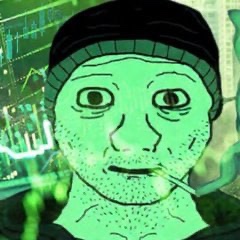 A green-tinted "Wojak" meme face wearing a beanie is overlaid on a candlestick chart with a rising price line, symbolizing a bullish crypto or stock market sentiment that matches the post's "Gm bulls" greeting.