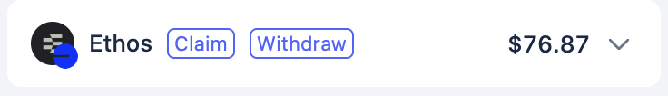 An interface shows an account named 'Ethos' with 'Claim' and 'Withdraw' buttons, displaying a balance of '$76.87'.