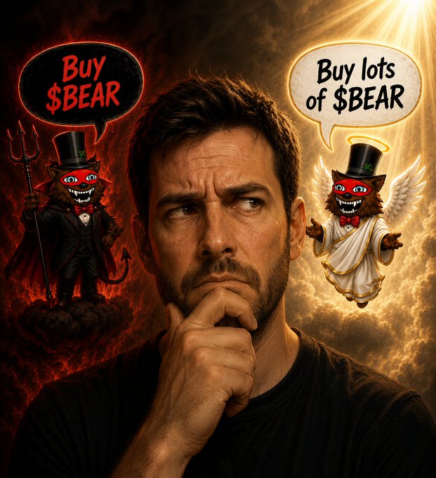 A man with a thoughtful expression has a devil bear mascot saying 'Buy $BEAR' on his left side (in a fiery red setting) and an angel bear saying 'Buy lots of $BEAR' on his right side (in a heavenly golden setting).