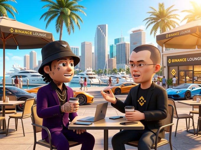 A stylized 3D animated illustration of two men at a 'Binance Lounge' cafe overlooking a marina with yachts and luxury cars, one wearing a purple suit and hat with face tattoos and the other in a black Binance-branded shirt.