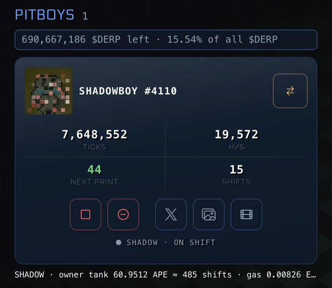 A PitBoys dashboard showing SHADOWBOY #4110 with 7,648,552 ticks, 19,572 H/S, 44 next print, 15 shifts, and details about 690,667,186 $DERP remaining.