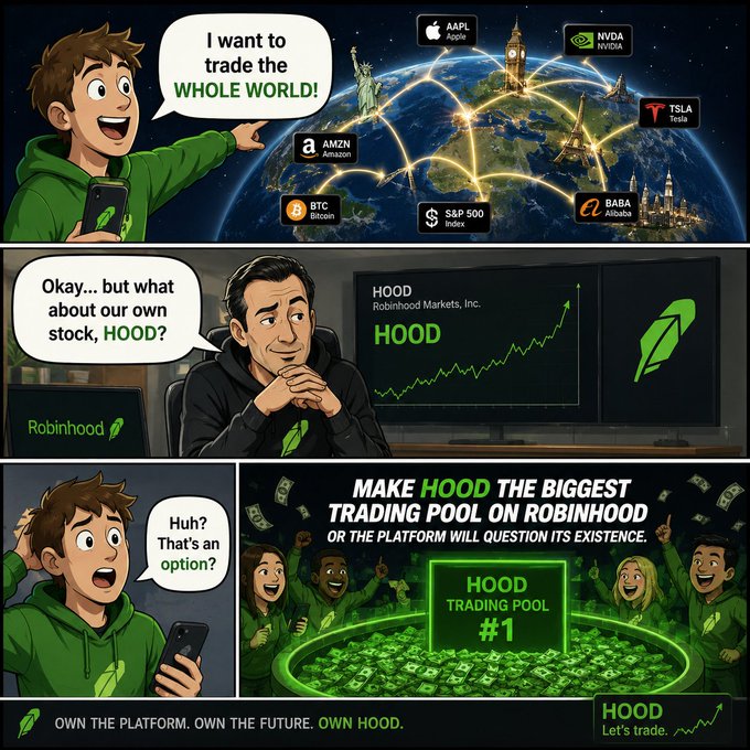 A comic-style promotional image showing a young man excitedly declaring he wants to trade "the WHOLE WORLD," with global icons like the Statue of Liberty, Big Ben, and the Eiffel Tower linked to tickers (AAPL, NVDA, TSLA, AMZN, BTC, S&P 500, BABA), while a Robinhood representative encourages him to trade HOOD instead, urging viewers to "MAKE HOOD THE BIGGEST TRADING POOL ON ROBINHOOD" — clearly addressing @vladtenev (Vlad Tenev, CEO of Robinhood).