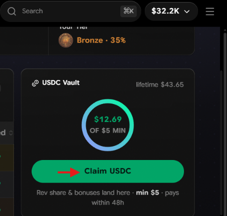 A screenshot of the OnchainCC platform showing a USDC Vault interface with a progress ring indicating $12.69 earned of a $5 minimum requirement, alongside a green "Claim USDC" button highlighted by a red arrow. The lifetime earnings of $43.65 and a note about revenue share and bonuses landing within 48 hours are also visible, tying into the OnchainCC Season II reward pool promotion.