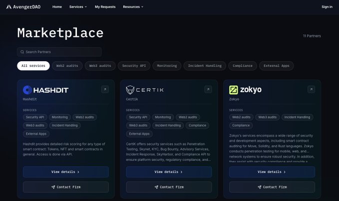 The image shows AvengerDAO's Marketplace webpage featuring security partners including Hashdit, CertiK, and Zokyo, with CertiK prominently displayed as one of 11 partners offering services like Web2/Web3 audits, monitoring, compliance, and incident handling. This aligns with the post's message highlighting CertiK's role in the AvengerDAO Security Marketplace and its comprehensive security services for BNB Chain builders.