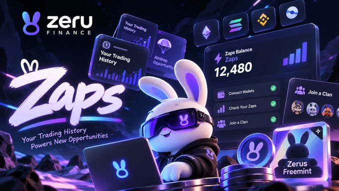 A promotional graphic for 'zeru FINANCE' featuring a white rabbit character with VR goggles, highlighting 'Zaps' trading history and a balance of 12,480.