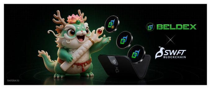 A promotional banner for BELDEX x SWAT Blockchain featuring a cartoon dragon-like character with a scroll alongside branded icons and logos.