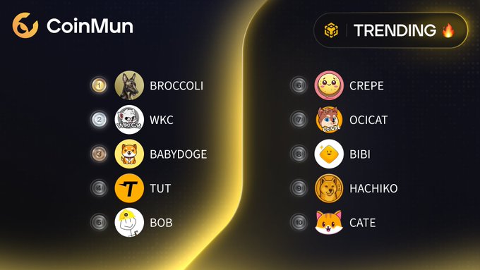 A 'CoinMun' trending list displaying 10 meme-style cryptocurrency icons, including BROCCOLI (#1), WKC (#2), BABYDOGE (#3), TUT (#4), BOB (#5), CREPE (#6), OCICAT (#7), BIBI (#8), HACHIKO (#9), and CATE (#10).
