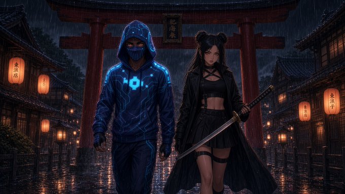 An anime-style illustration of two characters standing in the rain before a red torii gate with Japanese lanterns—one wearing a blue hoodie with glowing eyes and the other holding a katana.