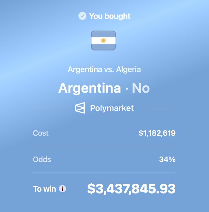 The image shows a screenshot of a betting app, displaying information about an Argentine vs. Algeria game. The app shows that the person has placed a $1.2M bet on Argentina to lose, with another option for hedging their loss by betting on Argentina to win, as they are using Polymarket to launder money in the process.