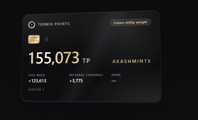 A digital card showing 'TERMIX POINTS' balance of 155,073 TP for user AKASHMINTX, with weekly earnings of +123,613 and referral earnings of +3,775.