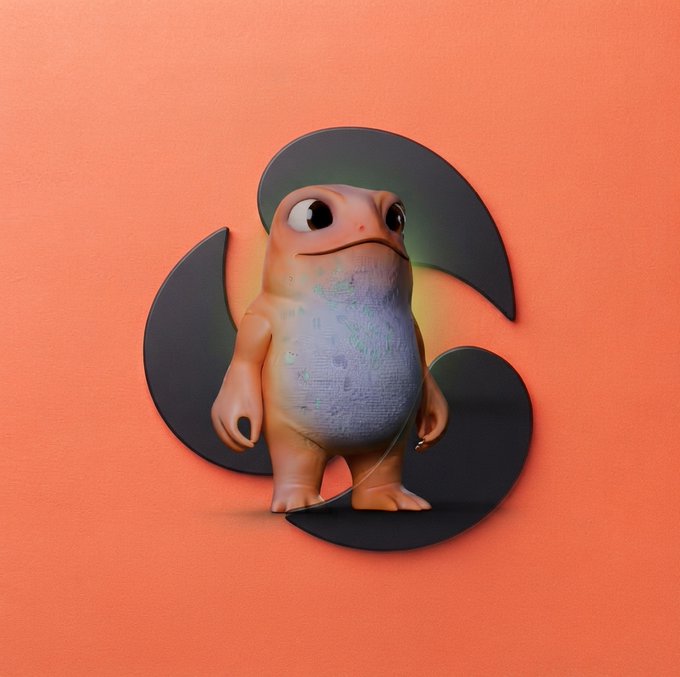 A 3D-rendered cartoonish creature with large eyes and an orange body stands in front of a circular emblem on a coral background, representing one of the "Gimboz" NFTs acquired by the user from Souvenir Finance. The character has a textured, translucent torso and is positioned centrally within a stylized geometric frame, matching the digital collectible artwork described in the post.