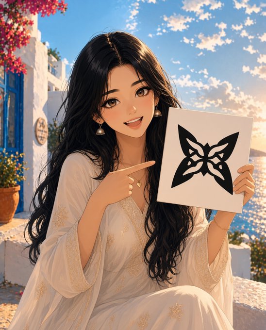 An anime-style illustration shows a smiling woman with long dark hair in a flowing white dress, pointing at a board displaying a butterfly logo against a Mediterranean coastal backdrop.