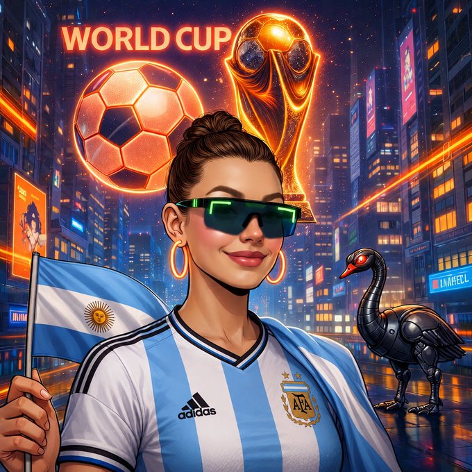 A digital illustration of a woman in an Argentina national football jersey and futuristic sunglasses holding an Argentine flag, with a 'WORLD CUP' neon sign, a soccer ball, a trophy, and a robotic bird in a cyberpunk city background.