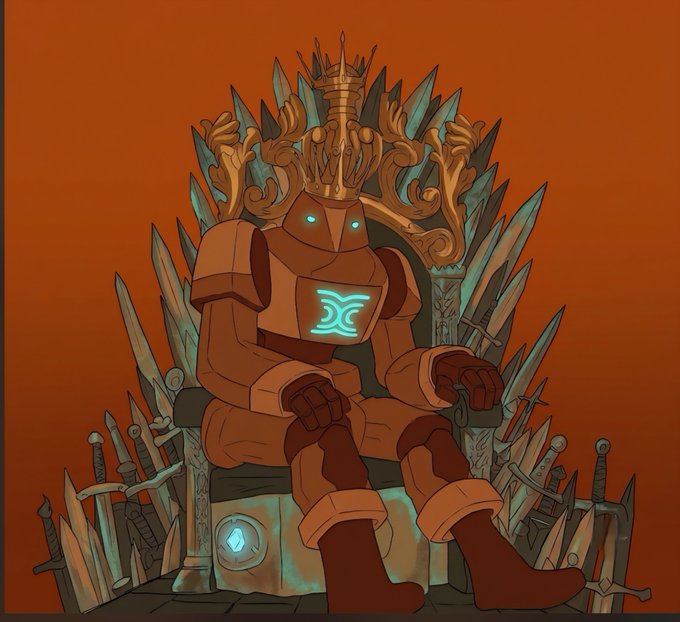 An illustrated robotic knight in orange armor with a glowing blue chest emblem sitting on a throne made of swords against an orange background.