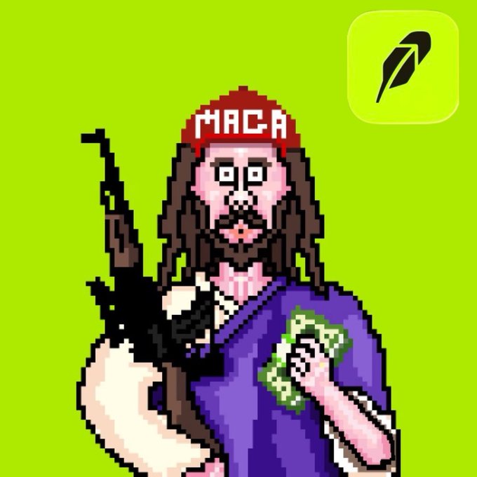 A pixel art character with a red 'MACA' beanie, beard, and purple robe holds an assault rifle alongside a green logo icon in the upper right corner.