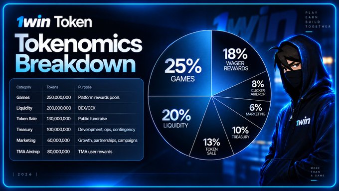 A promotional graphic for '1win Token Tokenomics Breakdown' shows a pie chart and table detailing token distribution across categories including Games (25%), Liquidity (20%), Wager Rewards (18%), Token Sale (13%), Treasury (10%), Clicker Airdrop (8%), Marketing (6%), and TMA Airdrop.