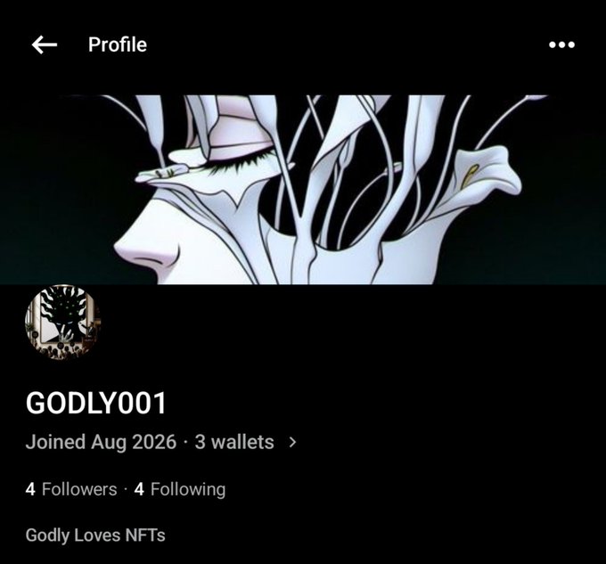 A profile page screenshot displaying the username 'GODLY001' with a stylized black-and-white anime-style portrait, bio stating 'Godly Loves NFTs,' and account details showing 'Joined Aug 2026 · 3 wallets' with 4 followers and 4 following.
