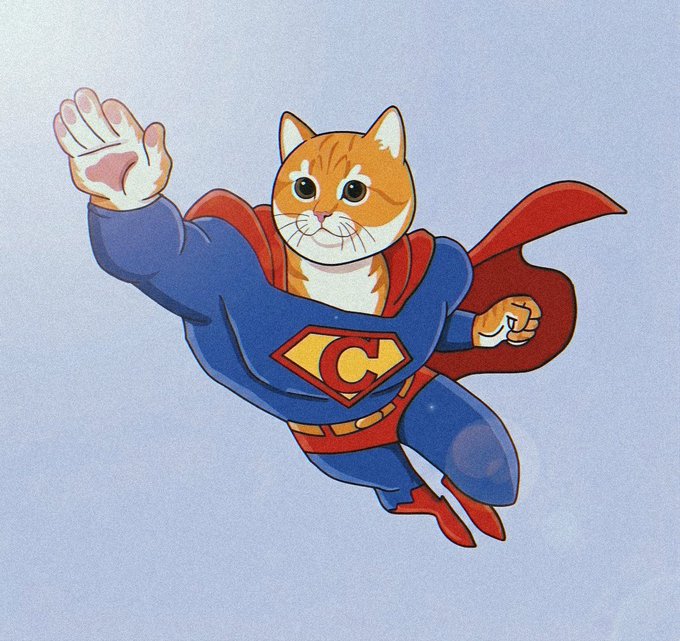 An illustration of an orange tabby cat dressed as a superhero in a blue costume with red cape and a 'C' emblem on the chest, flying with its paw raised.