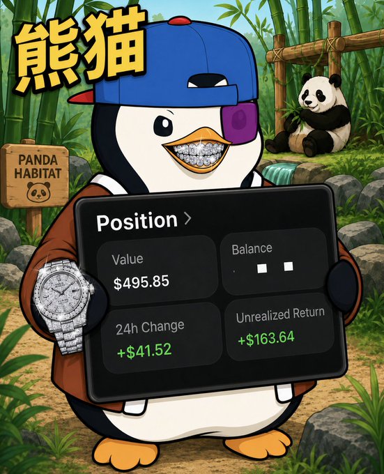 The image features a cartoon penguin wearing a hat and holding a sign that says "position". The penguin appears to be standing on a path surrounded by rocks, with another panda bear sitting nearby. The text of the post includes phrases such as "got alpha about this memecoin at NFC Lisbon" and "stacked more", suggesting that the penguin is involved in some sort of business or investment opportunity.