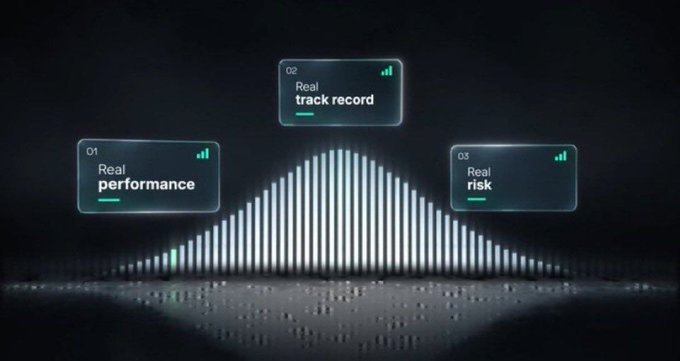 A dark futuristic infographic featuring a glowing blue waveform or equalizer with three floating panels labeled "01 Real performance," "02 Real track record," and "03 Real risk."