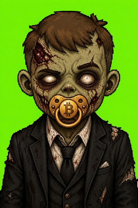A pixelated zombie baby in a torn suit wears a golden pacifier bearing the Bitcoin symbol.