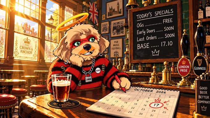An illustrated teddy bear with a halo and punk-style makeup sits at a British pub called 'The Crown & Anchor,' writing on an October 2026 calendar beside a chalkboard listing 'Today's Specials' including OGs FREE and BASE 17.10.