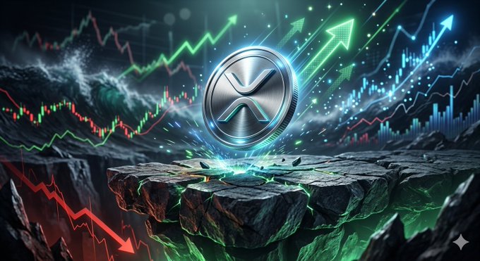 A digital illustration shows a large XRP (Ripple) cryptocurrency coin with its logo, floating above cracked rocks surrounded by glowing energy, with green and red upward-trending stock market charts in the background.