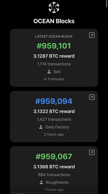 A mobile app screen titled 'OCEAN Blocks' displaying Bitcoin mining block information including block #959,101 with a 3.1287 BTC reward and 1,174 transactions.